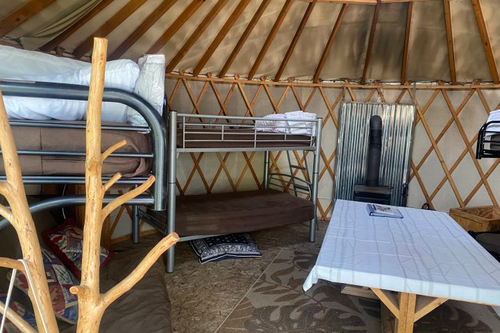 a chair sitting in front of a building