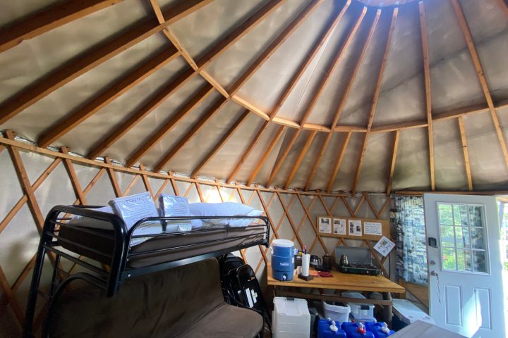 a building with a metal bench