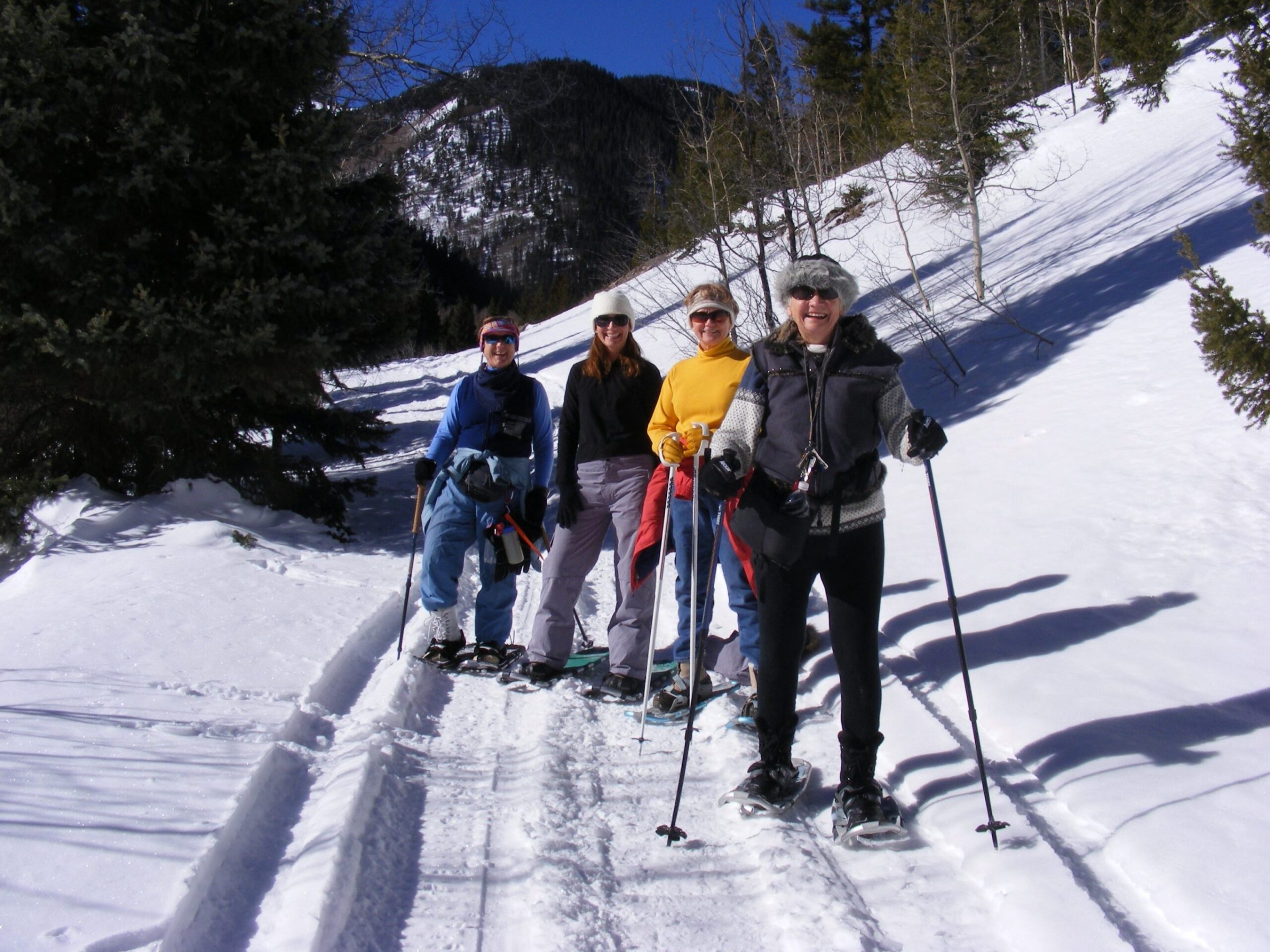 a group of people riding skis on top of a snow covered slope